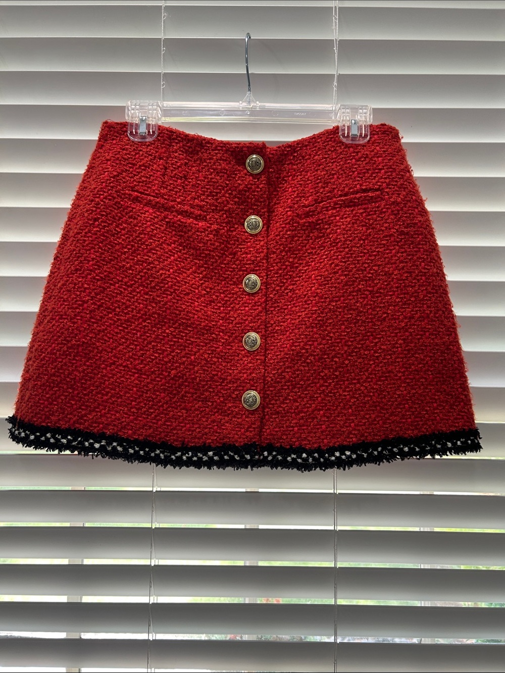 Astr Red Tweed gold Button-Front Mini Skirt with Black Fringe Hem